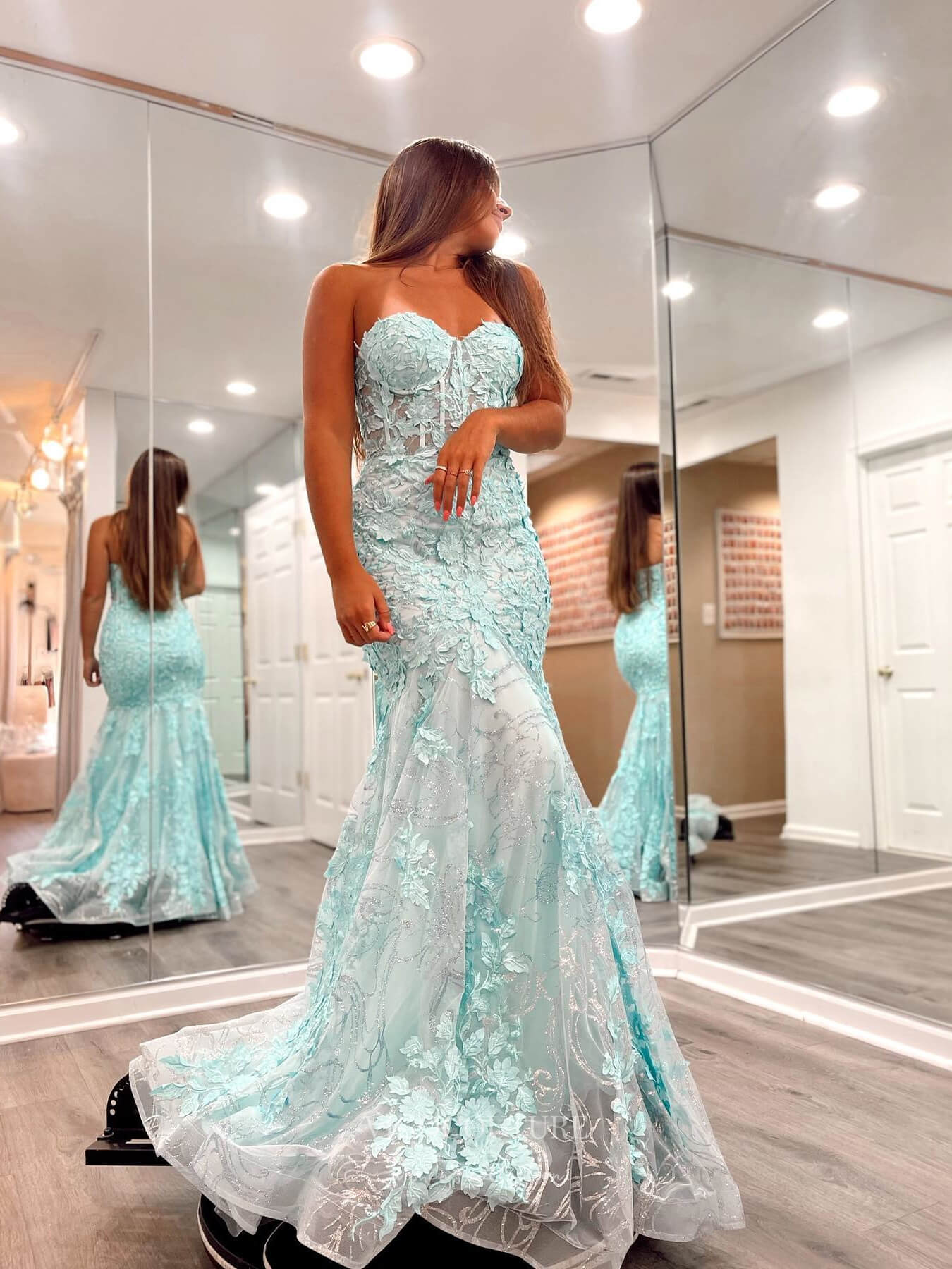 Aqua Lace Mermaid Prom Dresses with Sweetheart Neckline & Sheer Boned Bodice - 24065 Aqua / US14 Aqua Lace Mermaid Prom Dresses with Sweetheart Neckline & Sheer Boned Bodice - 24065 Aqua / US14