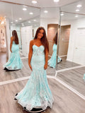 Prom Dress 2025 Aqua Lace Applique Mermaid Prom Dresses Boned Bodice Strapless Evening Dress 24065-unique elegant Prom Dresses-Aqua-Custom Size-vigocouture