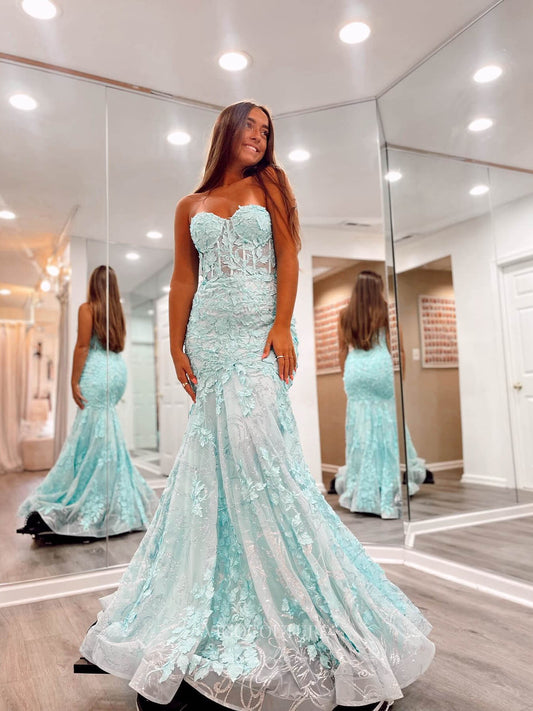 Prom Dress 2025 Aqua Lace Applique Mermaid Prom Dresses Boned Bodice Strapless Evening Dress 24065-unique elegant Prom Dresses-Aqua-Custom Size-vigocouture