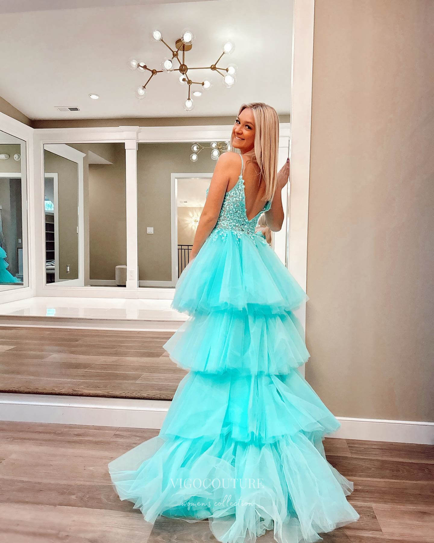 Prom Dress 2025 Aqua Ruffled High-Low Prom Dresses Lace Applique Evening Dress 24046-unique elegant Prom Dresses-Aqua-Custom Size-vigocouture