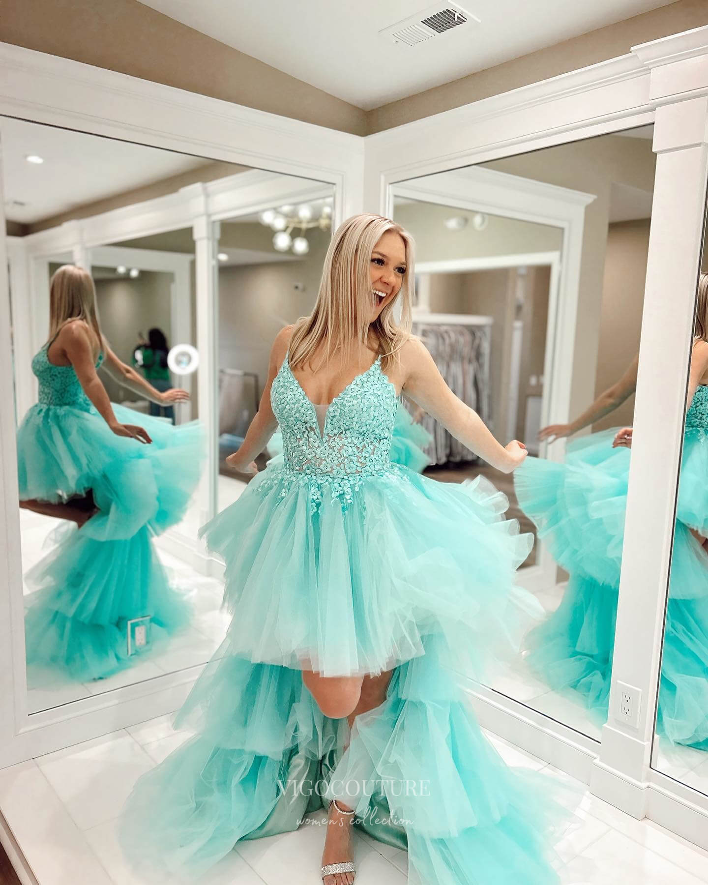 Prom Dress 2025 Aqua Ruffled High-Low Prom Dresses Lace Applique Evening Dress 24046-unique elegant Prom Dresses-Aqua-Custom Size-vigocouture