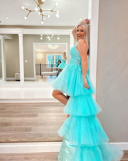 Aqua Ruffled High-Low Prom Dresses Lace Applique Evening Dress 24046 Aqua / US4 Aqua Ruffled High-Low Prom Dresses Lace Applique Evening Dress 24046 Aqua / US4
