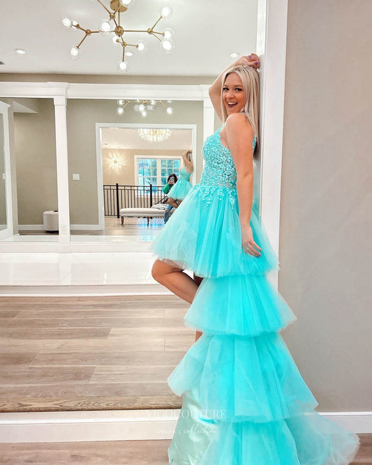 Prom Dress 2025 Aqua Ruffled High-Low Prom Dresses Lace Applique Evening Dress 24046-unique elegant Prom Dresses-Aqua-Custom Size-vigocouture