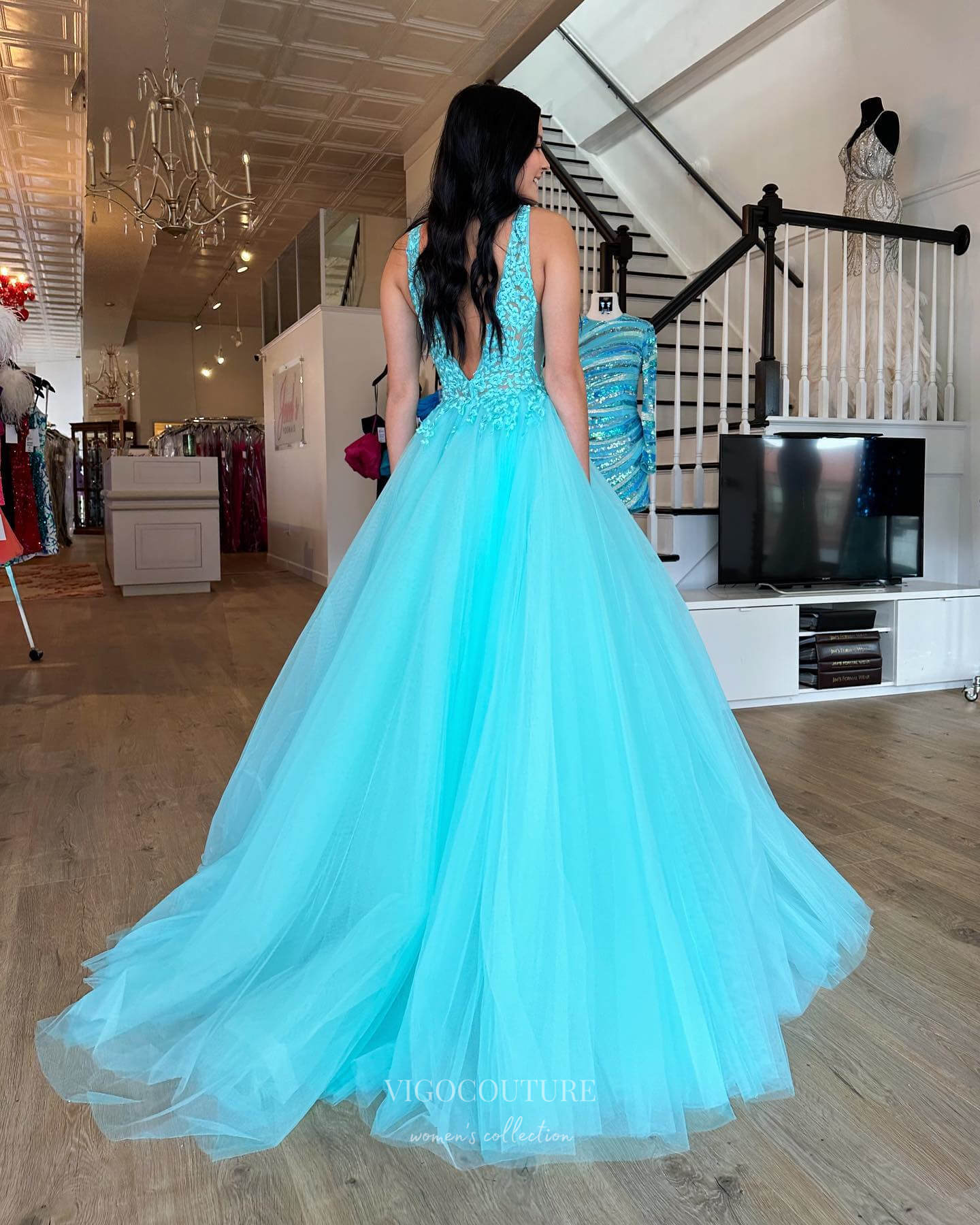 Prom Dress 2025 Aqua Strapless Prom Dresses Lace Applique Formal Dress 24028-unique elegant Prom Dresses-Aqua-Custom Size-vigocouture