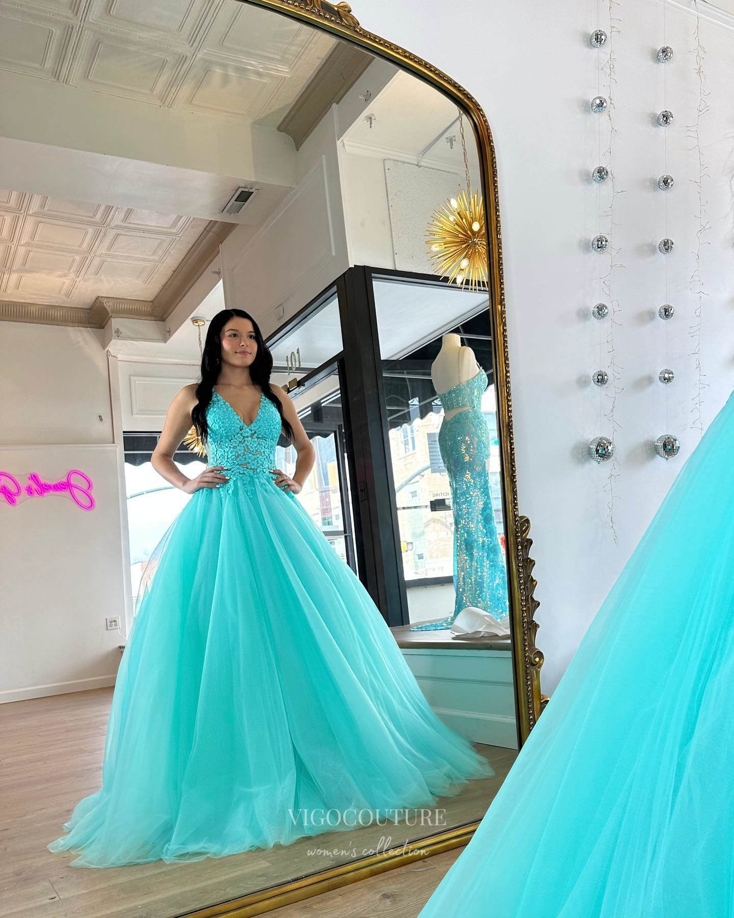 Prom Dress 2025 Aqua Strapless Prom Dresses Lace Applique Formal Dress 24028-unique elegant Prom Dresses-Aqua-Custom Size-vigocouture