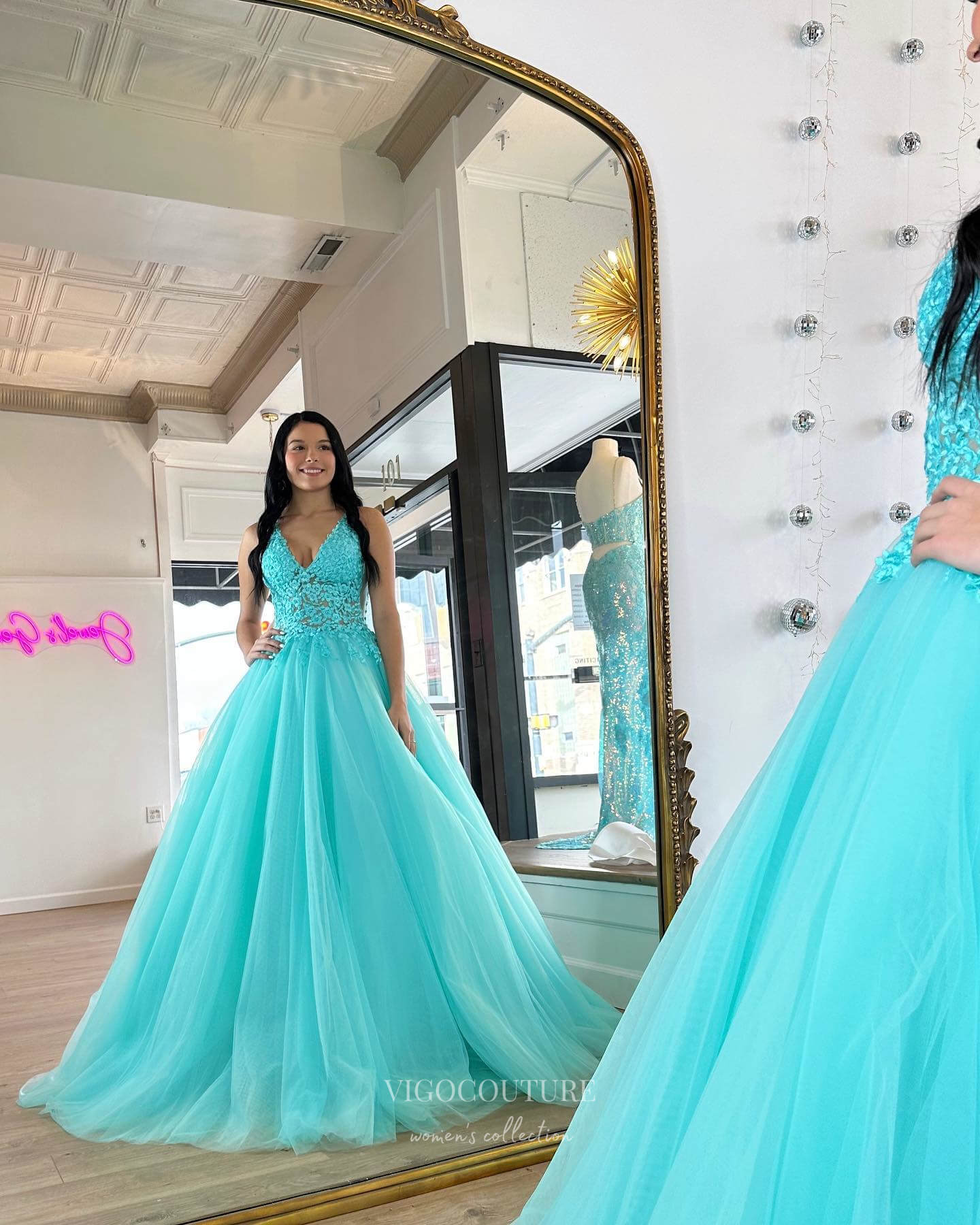 Prom Dress 2025 Aqua Strapless Prom Dresses Lace Applique Formal Dress 24028-unique elegant Prom Dresses-Aqua-Custom Size-vigocouture