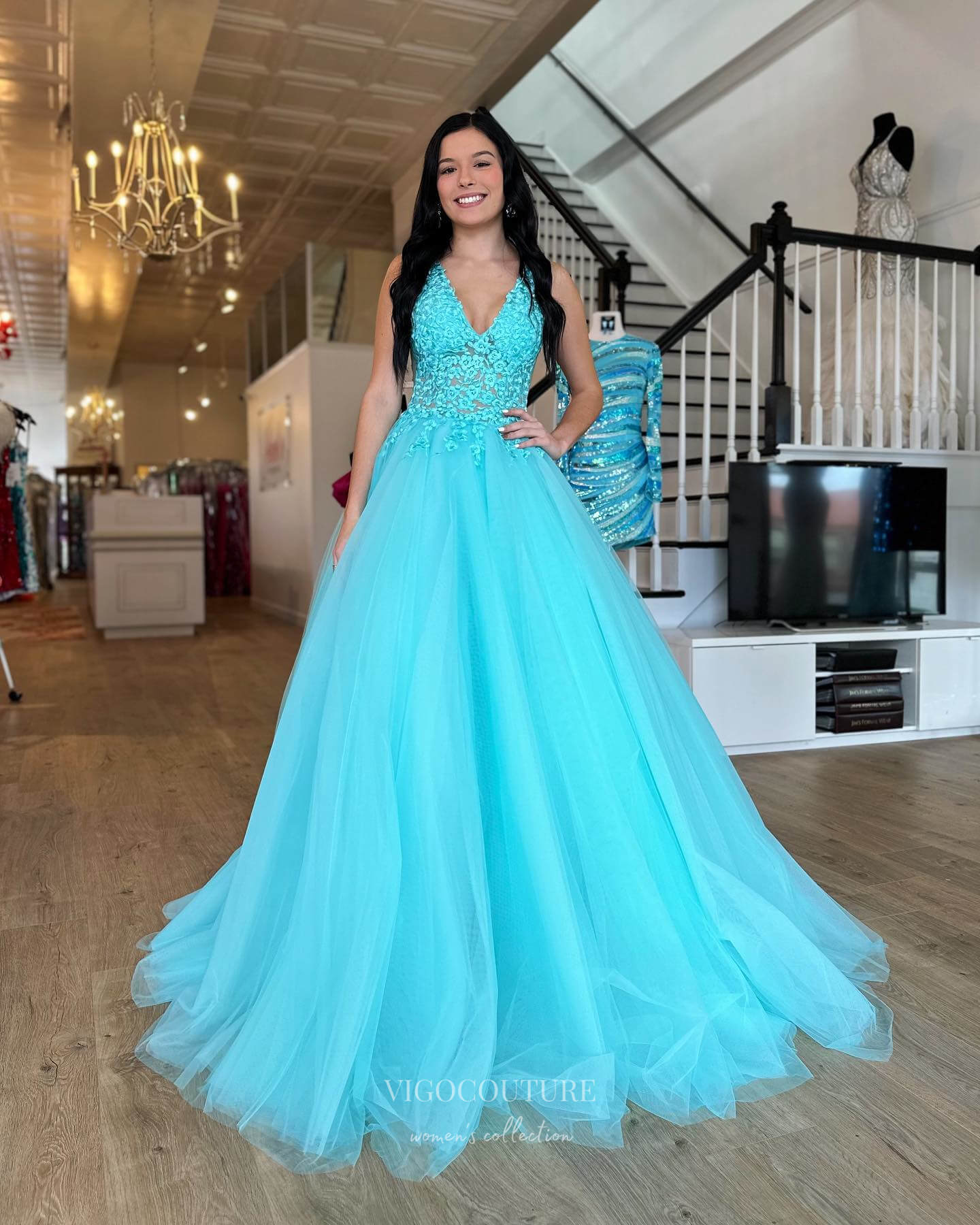 Prom Dress 2025 Aqua Strapless Prom Dresses Lace Applique Formal Dress 24028-unique elegant Prom Dresses-Aqua-Custom Size-vigocouture