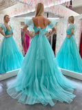 Prom Dress 2025 Aqua Two Piece Crossed Pleated Prom Dresses Removable Puffed Sleeve 24188-unique elegant Prom Dresses-Aqua-Custom Size-vigocouture