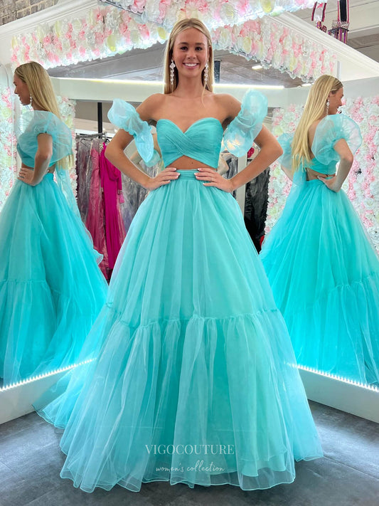 Prom Dress 2025 Aqua Two Piece Crossed Pleated Prom Dresses Removable Puffed Sleeve 24188-unique elegant Prom Dresses-Aqua-Custom Size-vigocouture