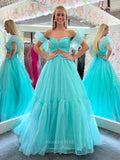 Aqua Two Piece Crossed Pleated Prom Dresses Removable Puffed Sleeve 24188