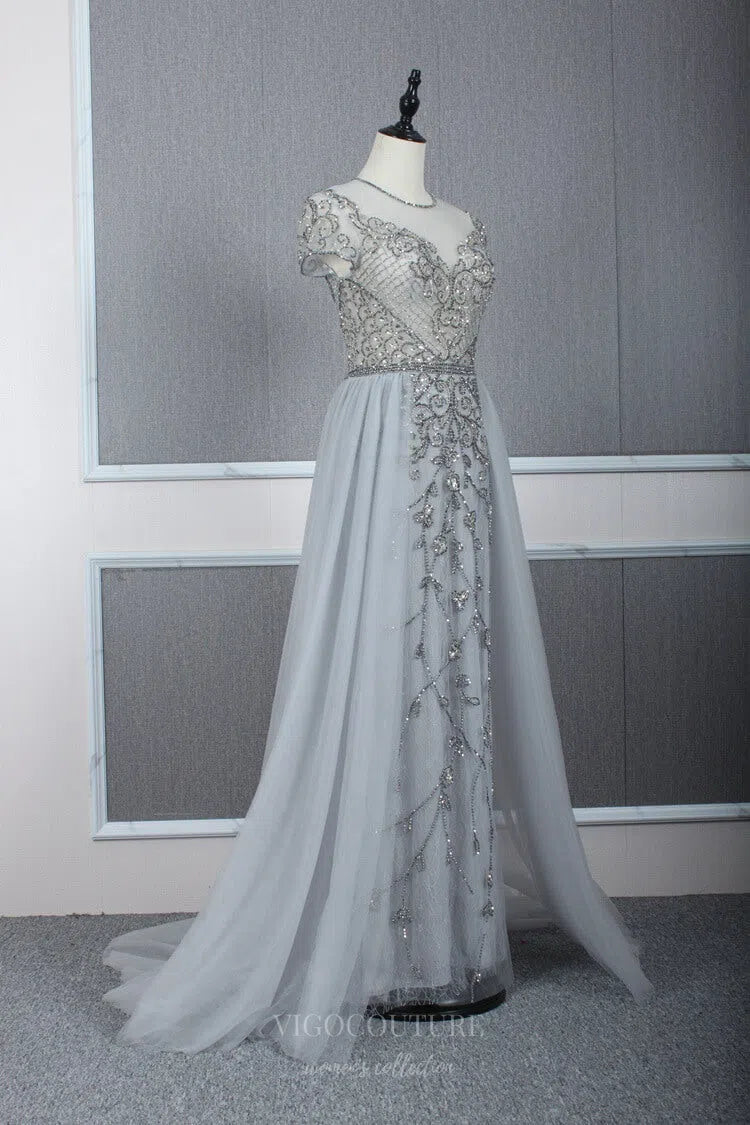 Prom Dress 2025 Beaded A-line Prom Dress Round Neck Evening Dresses 20060-unique elegant Prom Dresses-Grey-US2-vigocouture