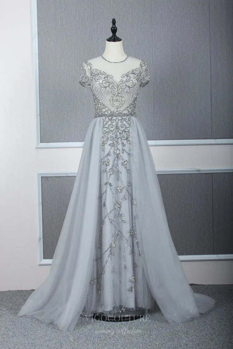 Prom Dress 2025 Beaded A-line Prom Dress Round Neck Evening Dresses 20060-unique elegant Prom Dresses-Grey-US2-vigocouture