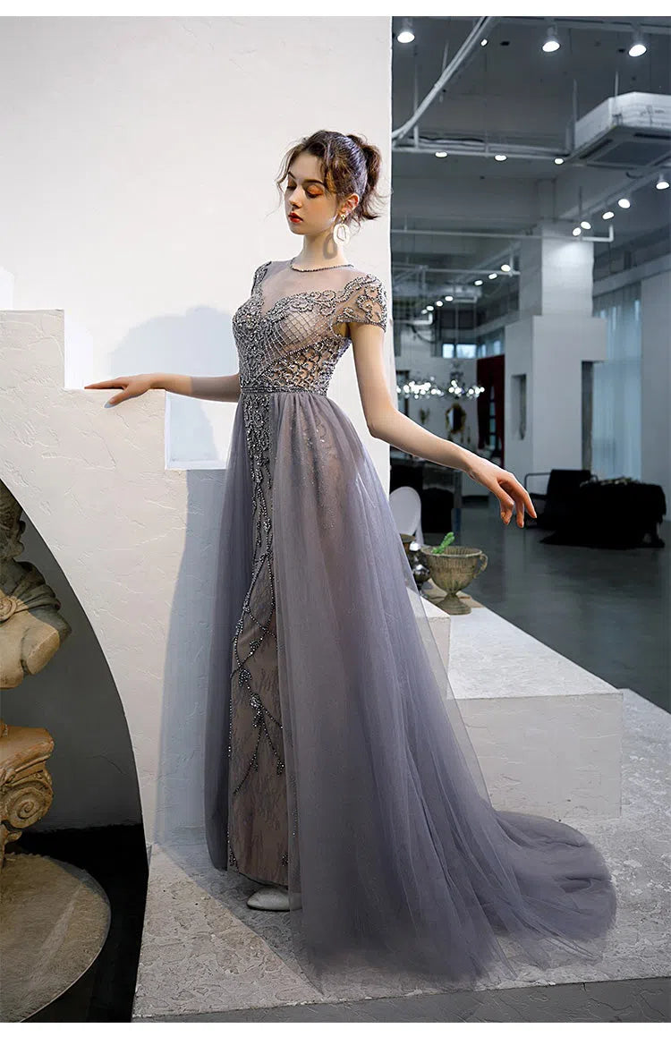 Prom Dress 2025 Beaded A-line Prom Dress Round Neck Evening Dresses 20060-unique elegant Prom Dresses-Grey-US2-vigocouture