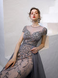 Prom Dress 2025 Beaded A-line Prom Dress Round Neck Evening Dresses 20060-unique elegant Prom Dresses-Grey-US2-vigocouture