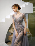 Prom Dress 2025 Beaded A-line Prom Dress Round Neck Evening Dresses 20060-unique elegant Prom Dresses-Grey-US2-vigocouture