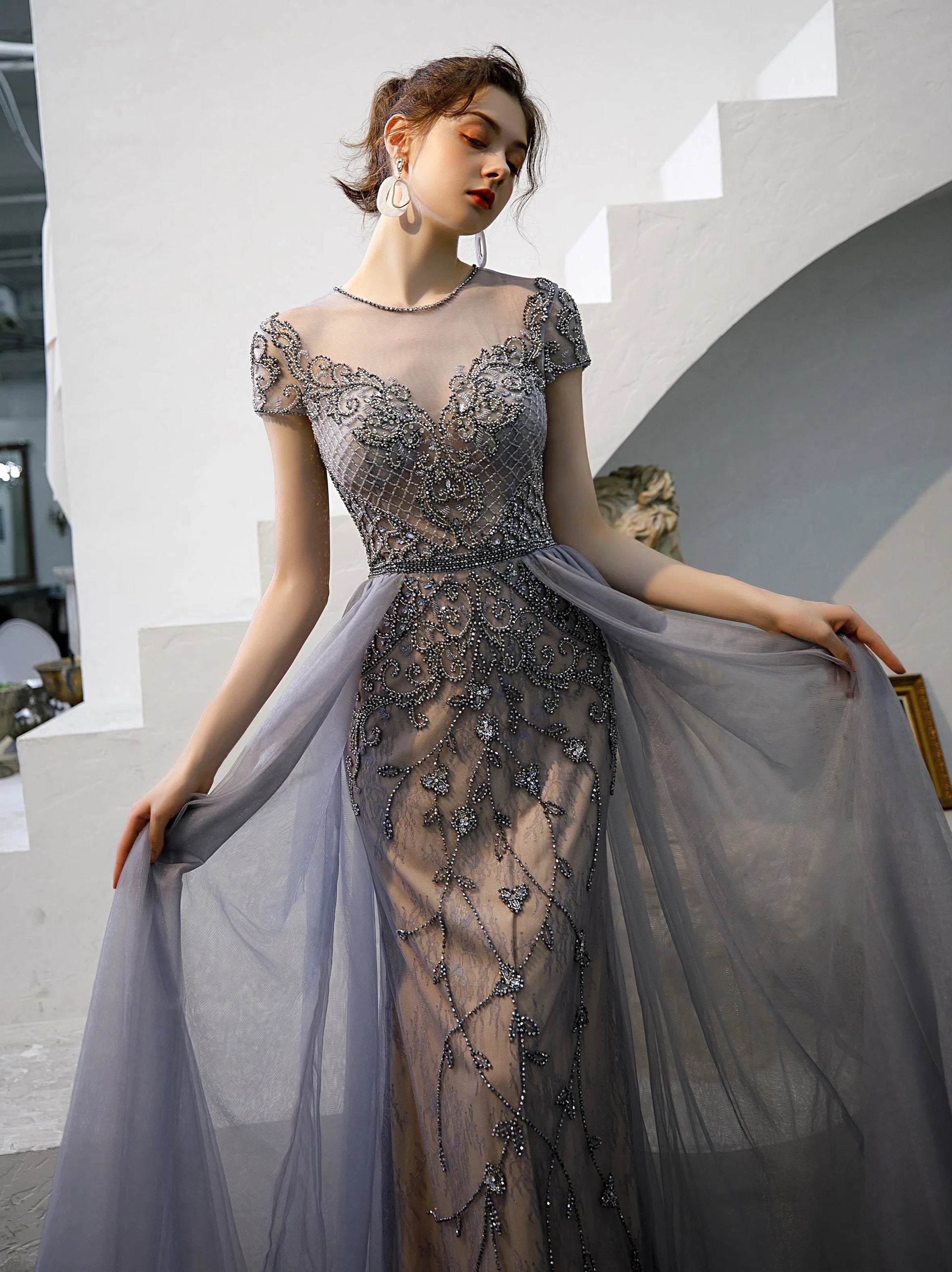 Prom Dress 2025 Beaded A-line Prom Dress Round Neck Evening Dresses 20060-unique elegant Prom Dresses-Grey-US2-vigocouture