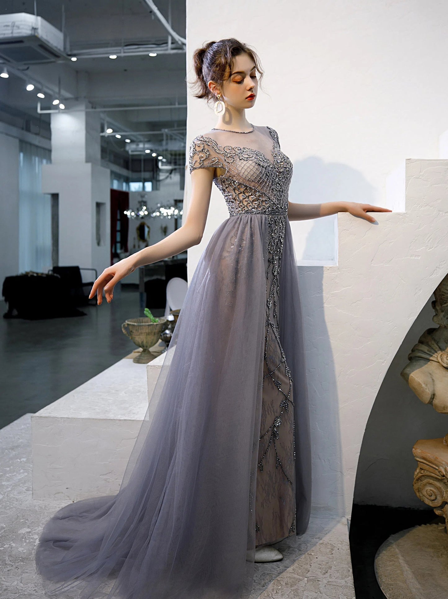 Prom Dress 2025 Beaded A-line Prom Dress Round Neck Evening Dresses 20060-unique elegant Prom Dresses-Grey-US2-vigocouture