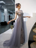 Beaded A-line Prom Dress Round Neck Evening Dresses 20060