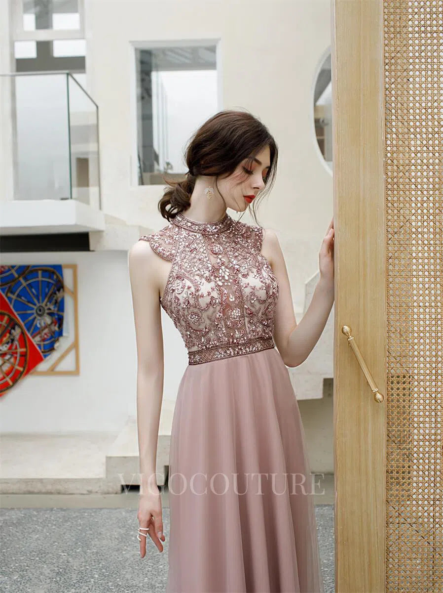 Beaded A-Line Prom Dresses High Neck Evening Dresses 20183 vigocouture Beaded A-Line Prom Dresses High Neck Evening Dresses 20183 vigocouture