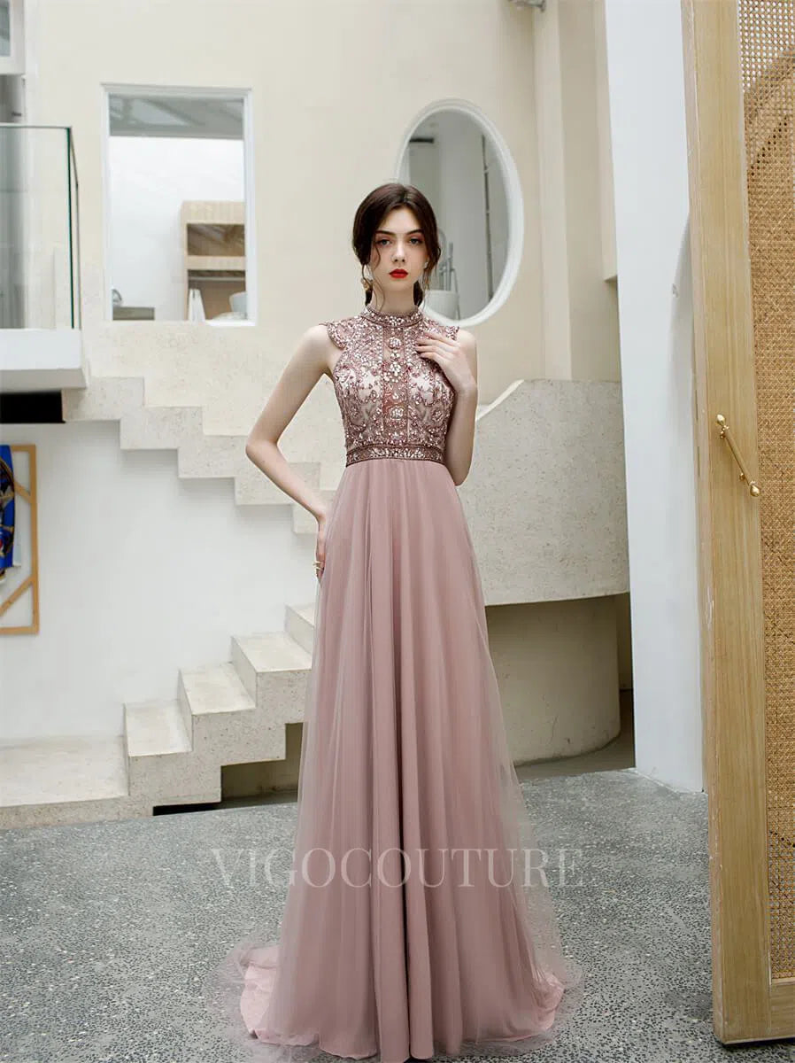 Prom Dress 2025 Beaded A-Line Prom Dresses High Neck Evening Dresses 20183-unique elegant Prom Dresses-Blush-US2-vigocouture