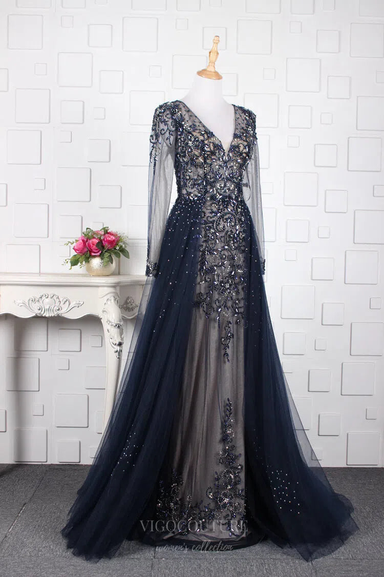 Prom Dress 2025 Beaded A-Line Prom Dresses Long Sleeve Evening Dresses 20763-unique elegant Prom Dresses-Grey-US2-vigocouture