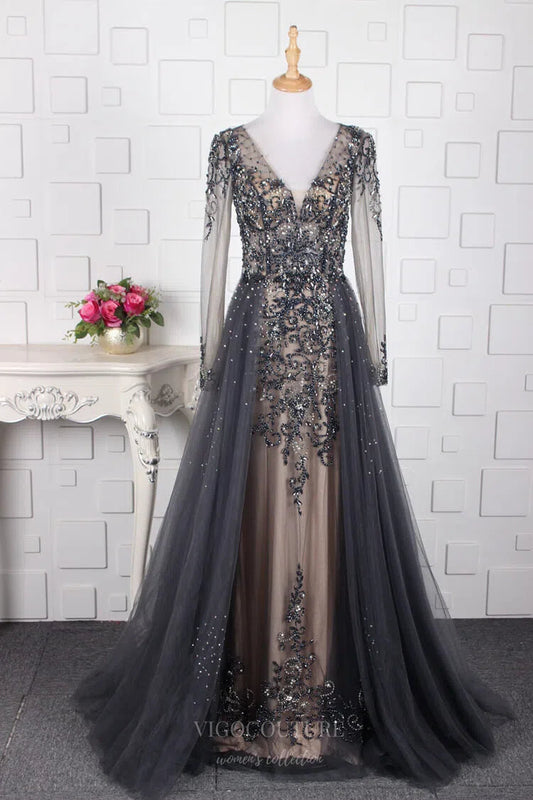 Prom Dress 2025 Beaded A-Line Prom Dresses Long Sleeve Evening Dresses 20763-unique elegant Prom Dresses-Grey-US2-vigocouture