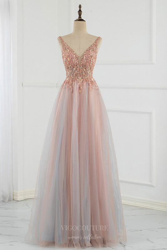 Prom Dress 2025 Beaded A-Line Prom Dresses Plunging V-Neck Evening Dresses 20797-unique elegant Prom Dresses-Blush-US2-vigocouture