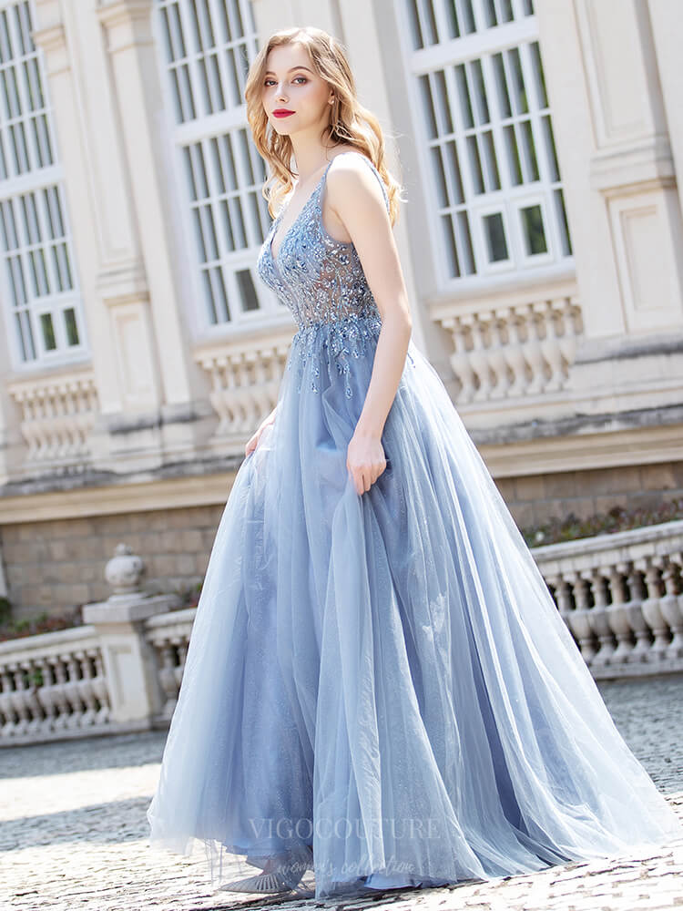 Prom Dress 2025 Beaded A-Line Prom Dresses Plunging V-Neck Evening Dresses 20797-unique elegant Prom Dresses-Light Blue-US2-vigocouture