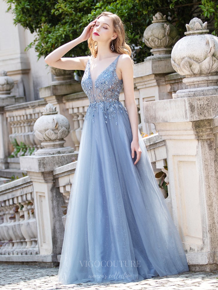 Prom Dress 2025 Beaded A-Line Prom Dresses Plunging V-Neck Evening Dresses 20797-unique elegant Prom Dresses-Light Blue-US2-vigocouture