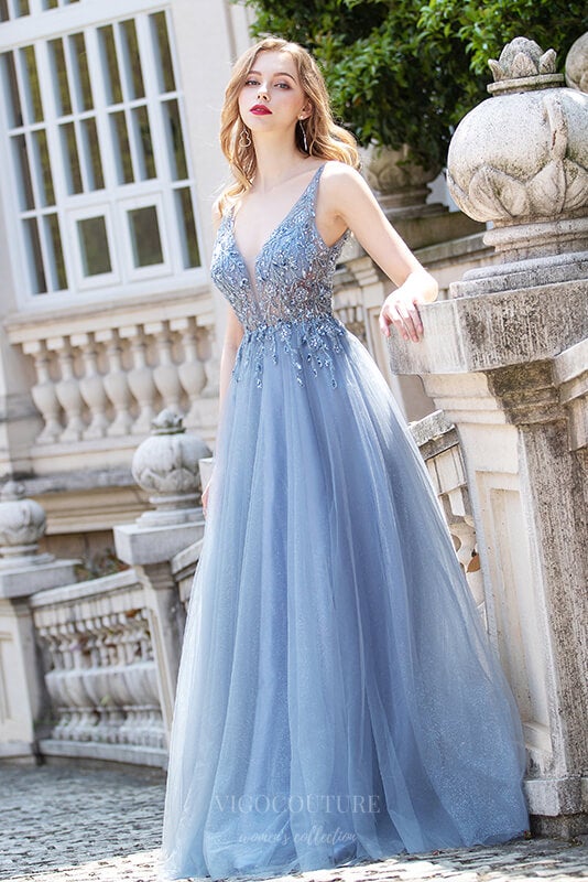 Prom Dress 2025 Beaded A-Line Prom Dresses Plunging V-Neck Evening Dresses 20797-unique elegant Prom Dresses-Light Blue-US2-vigocouture