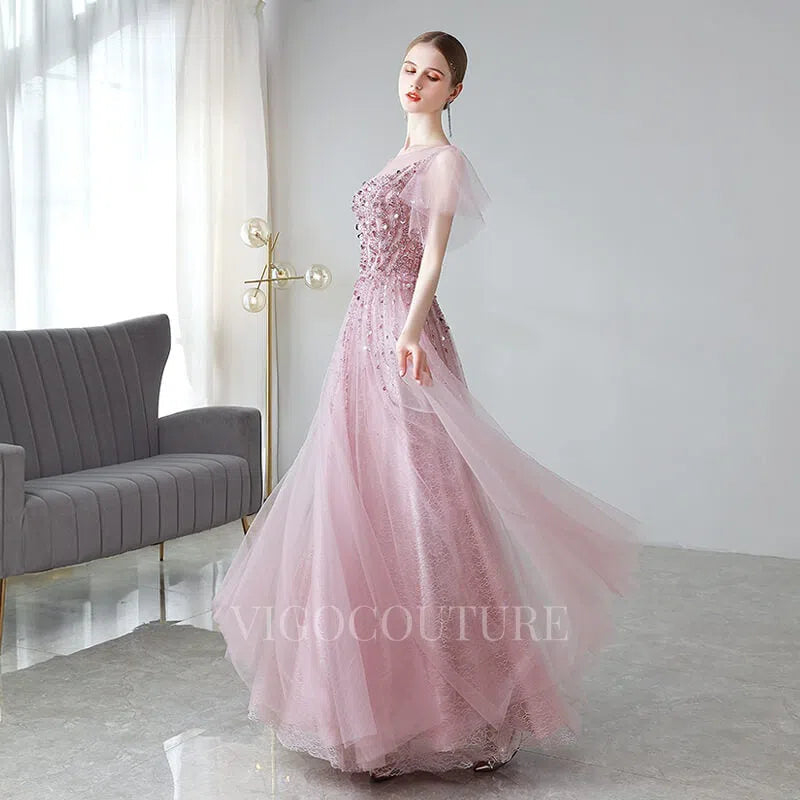 Prom Dress 2025 Beaded A-line Short Sleeve Prom Dress 20037-unique elegant Prom Dresses-Blush-US2-vigocouture