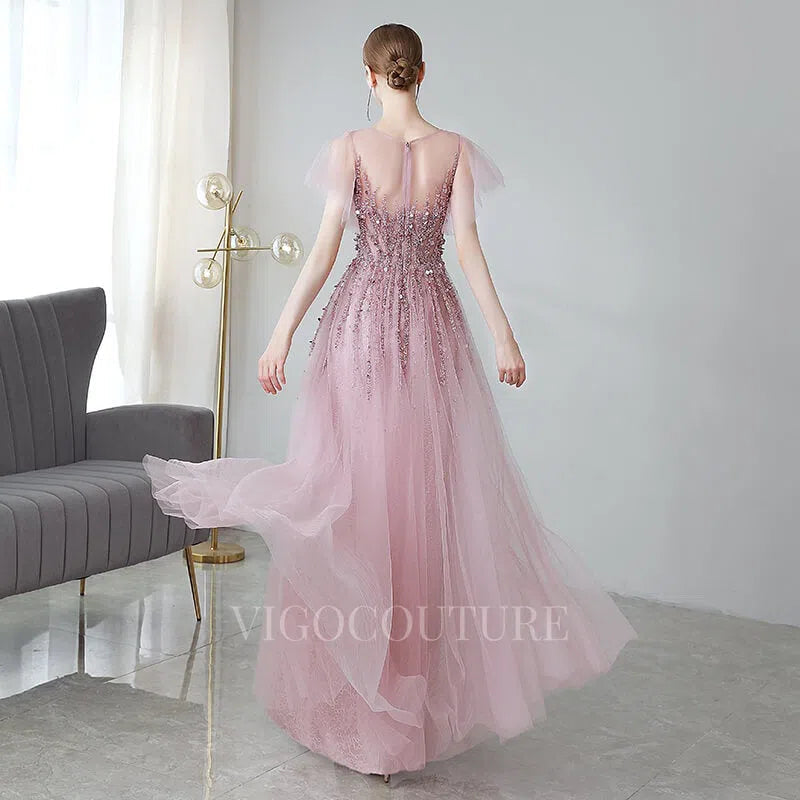 Prom Dress 2025 Beaded A-line Short Sleeve Prom Dress 20037-unique elegant Prom Dresses-Blush-US2-vigocouture