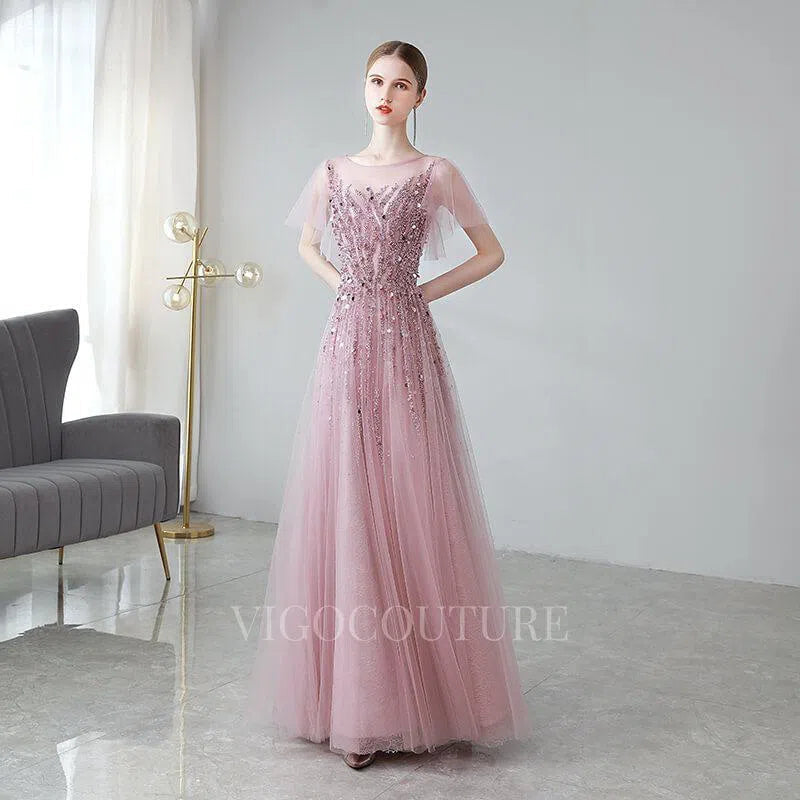 Prom Dress 2025 Beaded A-line Short Sleeve Prom Dress 20037-unique elegant Prom Dresses-Blush-US2-vigocouture