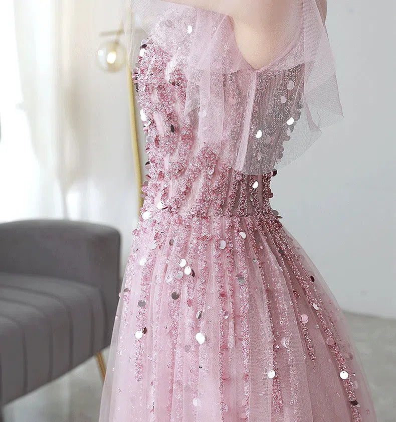 Prom Dress 2025 Beaded A-line Short Sleeve Prom Dress 20037-unique elegant Prom Dresses-Blush-US2-vigocouture