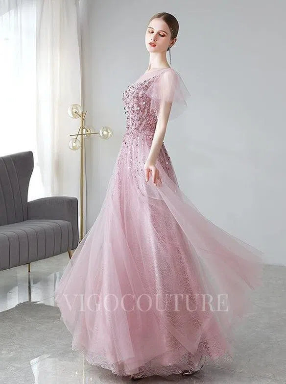 Prom Dress 2025 Beaded A-line Short Sleeve Prom Dress 20037-unique elegant Prom Dresses-Blush-US2-vigocouture