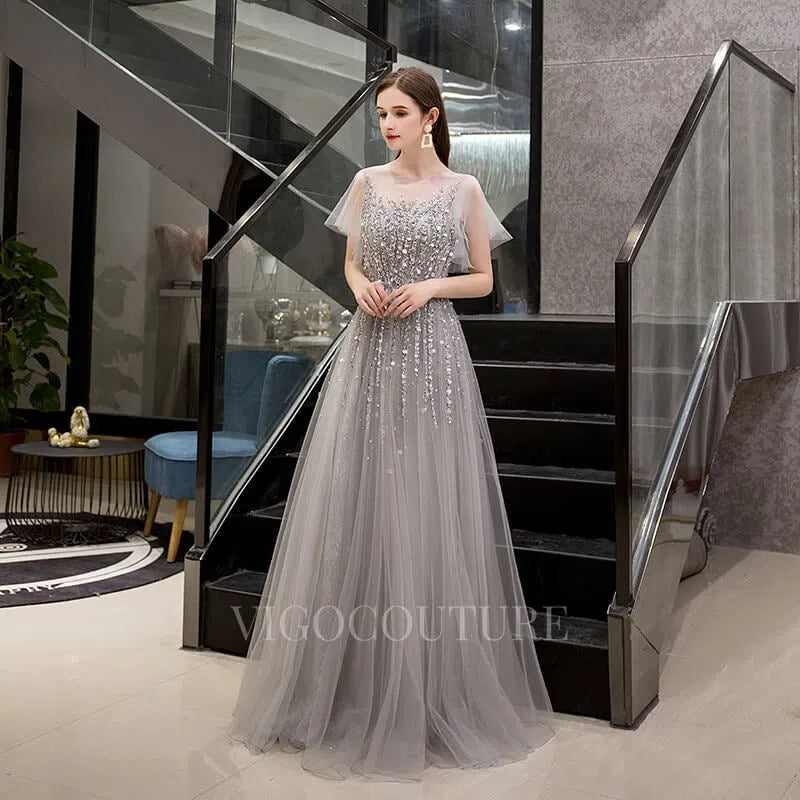 Prom Dress 2025 Beaded A-line Short Sleeve Prom Dress 20037-unique elegant Prom Dresses-Grey-US2-vigocouture