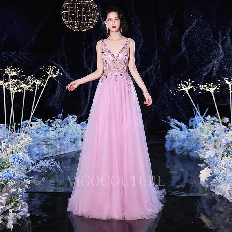 Prom Dress 2025 Beaded A-line V-neck Prom Dress 20141-unique elegant Prom Dresses-Pink-US2-vigocouture