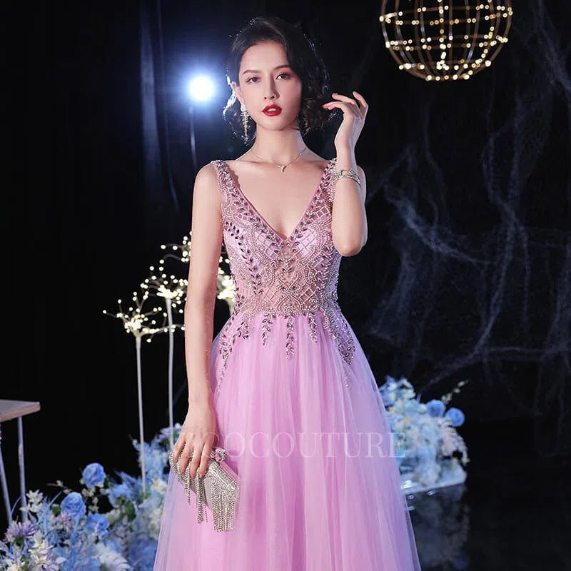 Prom Dress 2025 Beaded A-line V-neck Prom Dress 20141-unique elegant Prom Dresses-Pink-US2-vigocouture