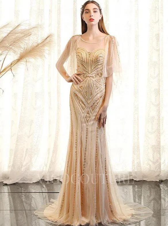 Beaded Batwing Sleeve Prom Dresses Mermaid Boatneck Evening Dresses 20107 Gold / US10 Beaded Batwing Sleeve Prom Dresses Mermaid Boatneck Evening Dresses 20107 Gold / US10