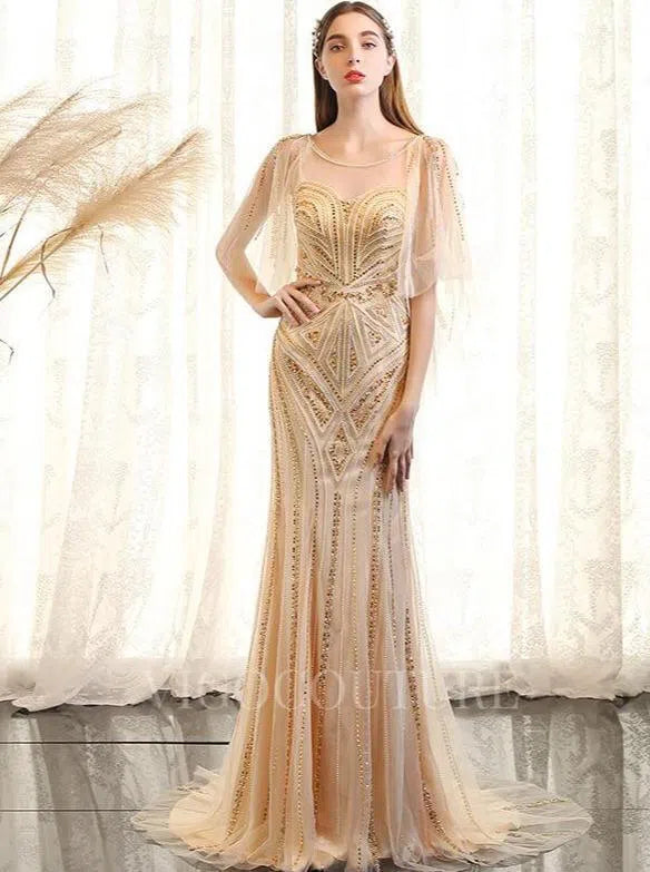 Prom Dress 2025 Beaded Batwing Sleeve Prom Dresses Mermaid Boatneck Evening Dresses 20107-unique elegant Prom Dresses-Gold-US2-vigocouture