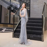 Prom Dress 2025 Beaded Batwing Sleeve Prom Dresses Mermaid Boatneck Evening Dresses 20107-unique elegant Prom Dresses-Silver-US2-vigocouture