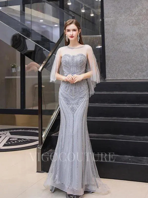 Prom Dress 2025 Beaded Batwing Sleeve Prom Dresses Mermaid Boatneck Evening Dresses 20107-unique elegant Prom Dresses-Silver-US2-vigocouture