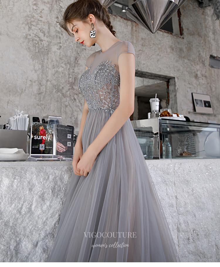 Prom Dress 2025 Beaded Cap Sleeve Prom Dress 20227-unique elegant Prom Dresses-Grey-US2-vigocouture