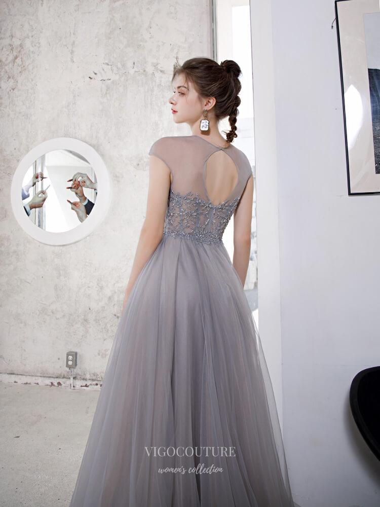 Prom Dress 2025 Beaded Cap Sleeve Prom Dress 20227-unique elegant Prom Dresses-Grey-US2-vigocouture