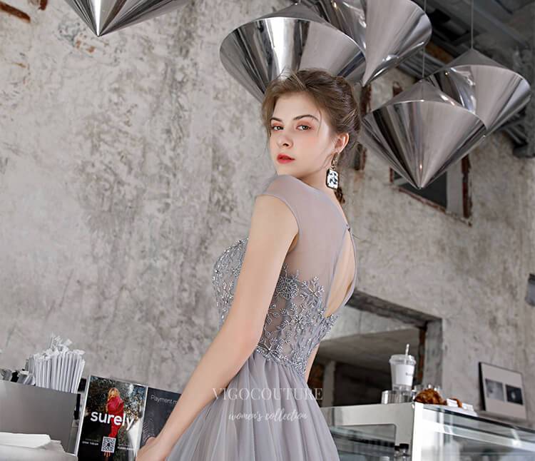 Prom Dress 2025 Beaded Cap Sleeve Prom Dress 20227-unique elegant Prom Dresses-Grey-US2-vigocouture