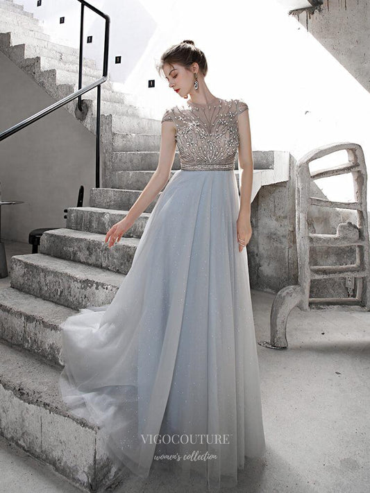 Prom Dress 2025 Beaded Cap Sleeve Prom Dress 20235-unique elegant Prom Dresses-Light Blue-US2-vigocouture