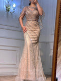 Prom Dress 2025 Beaded Cape Sleeve Prom Dresses Mermaid Evening Dresses 21315-unique elegant Prom Dresses-Champagne-US2-vigocouture