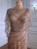 Prom Dress 2025 Beaded Cape Sleeve Prom Dresses Mermaid Evening Dresses 21315-unique elegant Prom Dresses-Champagne-US2-vigocouture