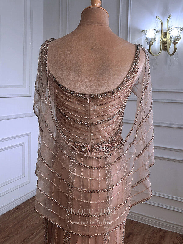 Prom Dress 2025 Beaded Cape Sleeve Prom Dresses Mermaid Evening Dresses 21315-unique elegant Prom Dresses-Champagne-US2-vigocouture