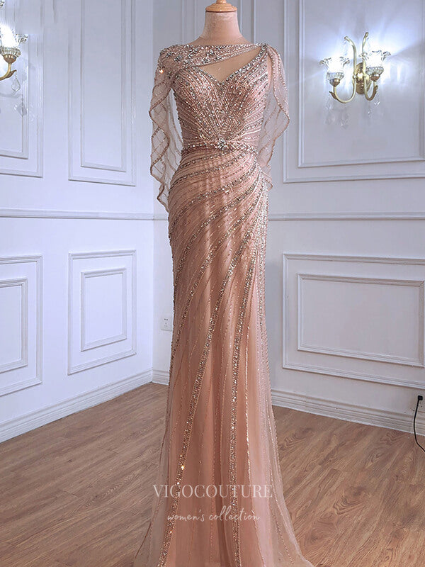 Prom Dress 2025 Beaded Cape Sleeve Prom Dresses Mermaid Evening Dresses 21315-unique elegant Prom Dresses-Champagne-US2-vigocouture